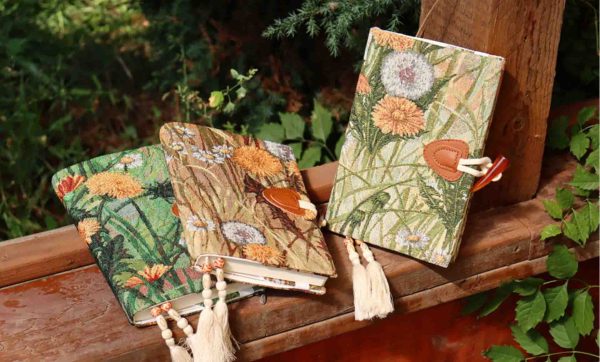 Original retro oil painting journal, handcrafted fabric book cover, diary, notebook A5, A6 by Autumn Scenery and Plants